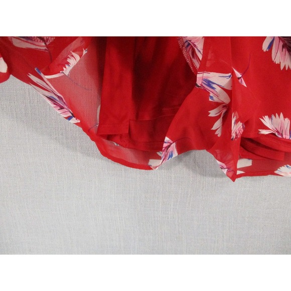 Express Red Floral Chiffon Long Sleeve Romper Surplice Wrap Tie Waist Womens M - Picture 8 of 14